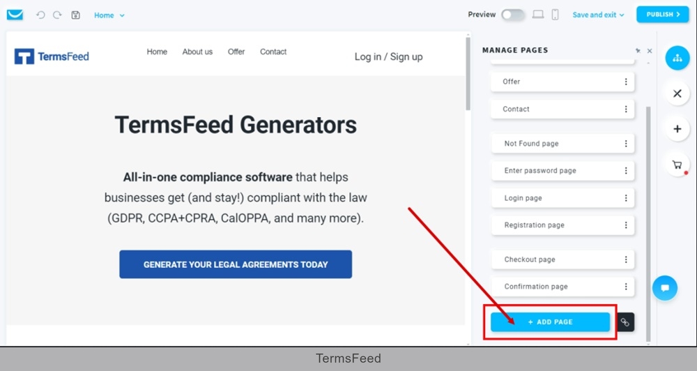 TermsFeed GetResponse - Website - Edit - Manage Pages  -Add new page