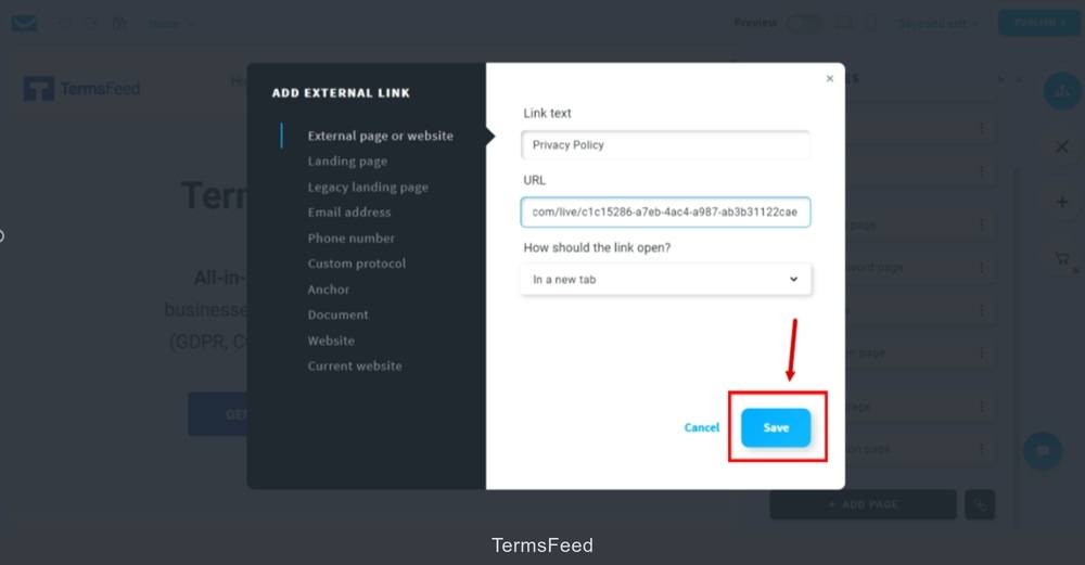 TermsFeed GetResponse - Website - Edit - Manage Pages  - Add new link Text - Privacy Policy - URL - pasted - Save