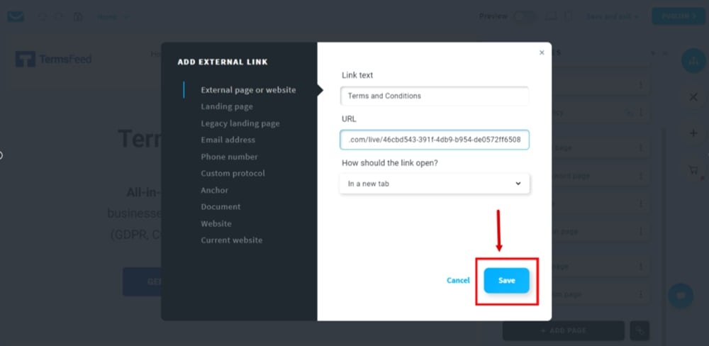 TermsFeed GetResponse - Website - Edit - Manage Pages  - Add new link Text - Terms and Conditions - URL - pasted - Save