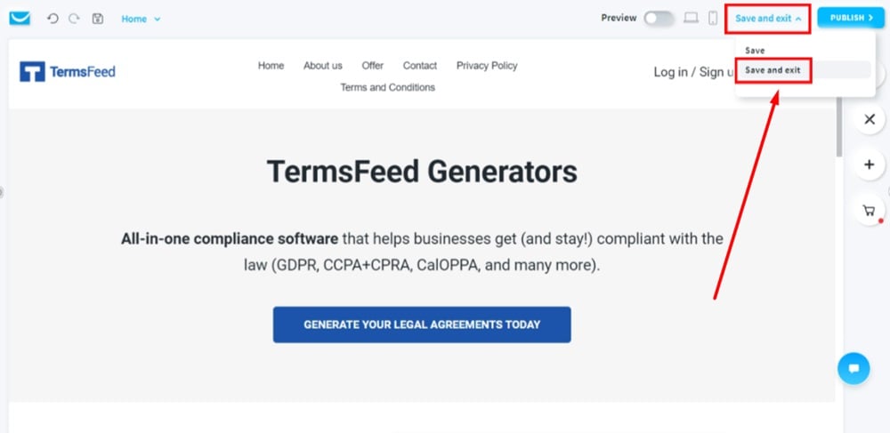 TermsFeed GetResponse - Website - Edit - Manage Pages  - Terms and Conditions URL - added - Save and exit