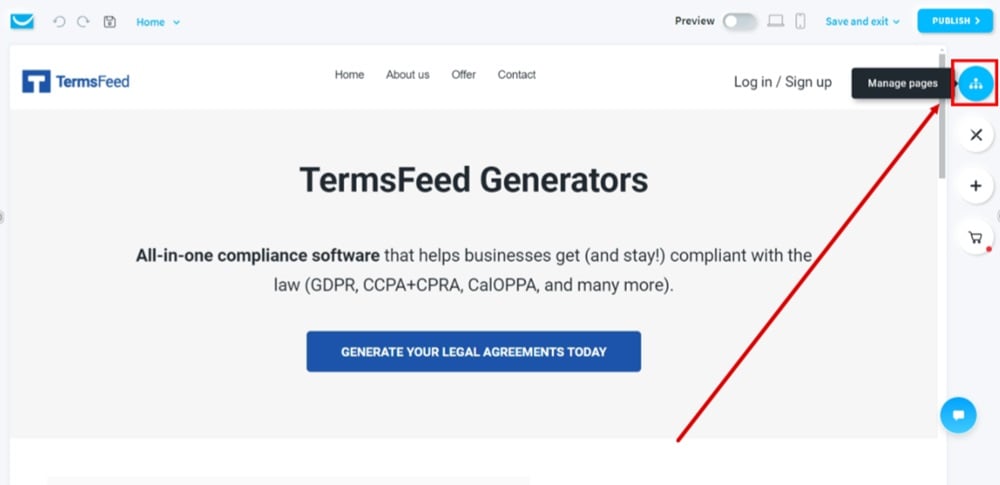 TermsFeed GetResponse - Website - Edit - Manage Pages