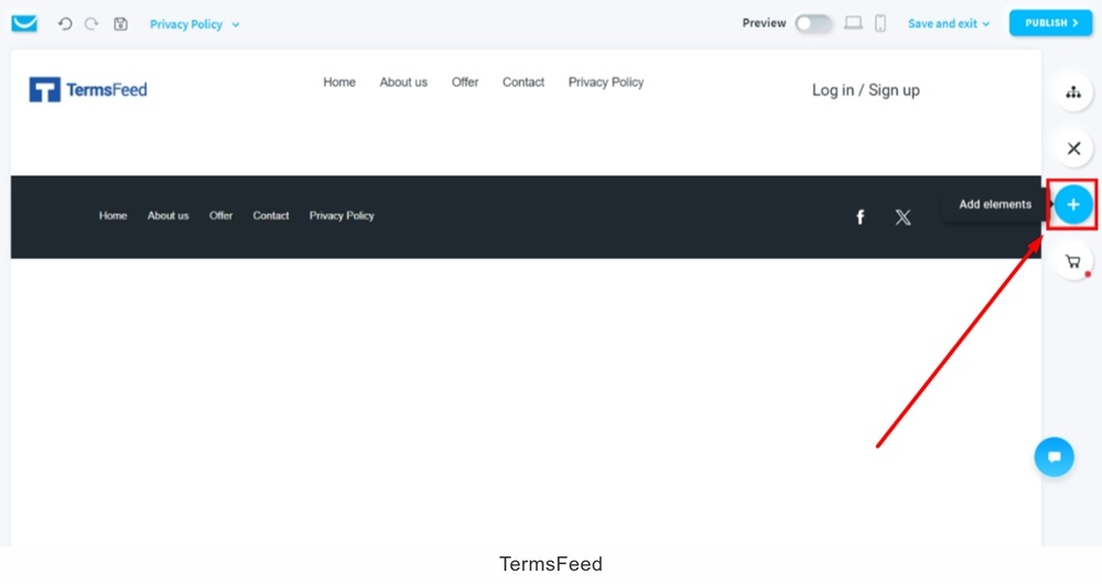 TermsFeed GetResponse - Website - Edit - New blank page - Add element