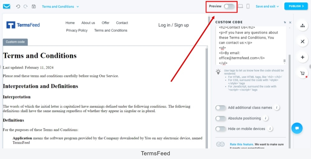 TermsFeed GetResponse - Website - Edit - Page - Custom code element added - HTML pasted - Preview