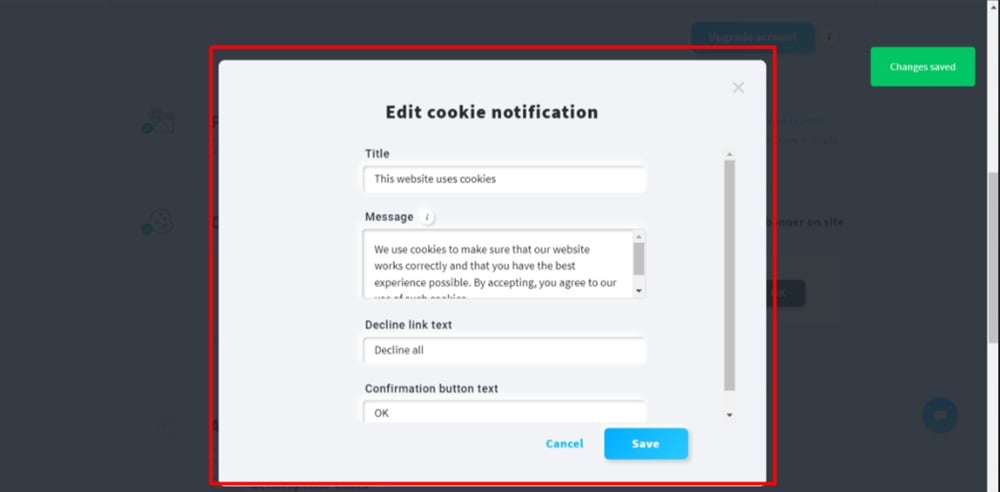 TermsFeed GetResponse - Website opened - Edit site settings - Cookie consent banner section - Edit options