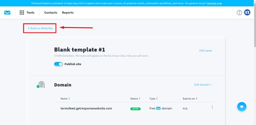 TermsFeed GetResponse - Website opened - Edit site settings - Cookie consent banner enabled - Back to website