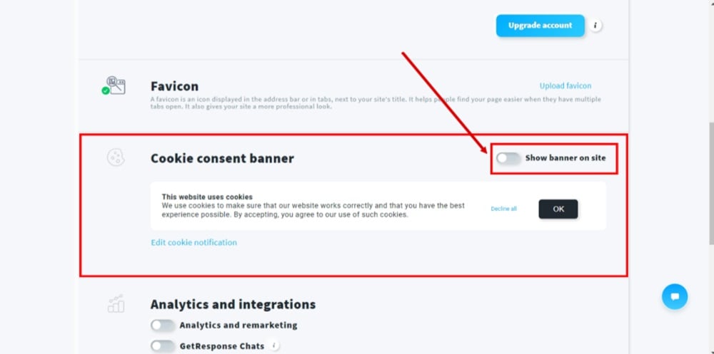 TermsFeed GetResponse - Website opened - Edit site settings - Cookie consent banner section with option to show highlighted