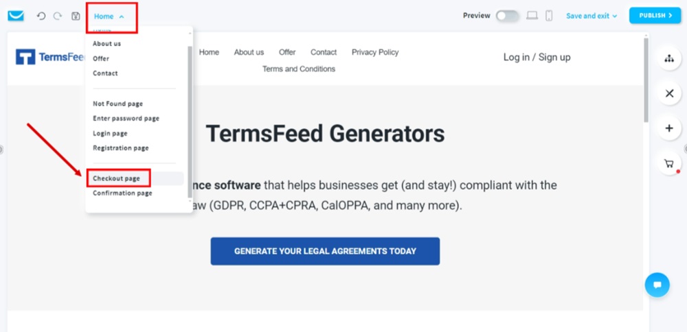 TermsFeed GetResponse - Website opened - Edit website - The Checkout page selected