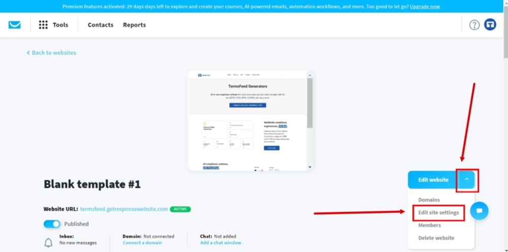 TermsFeed GetResponse - Website opened - Edit website - Edit site settings