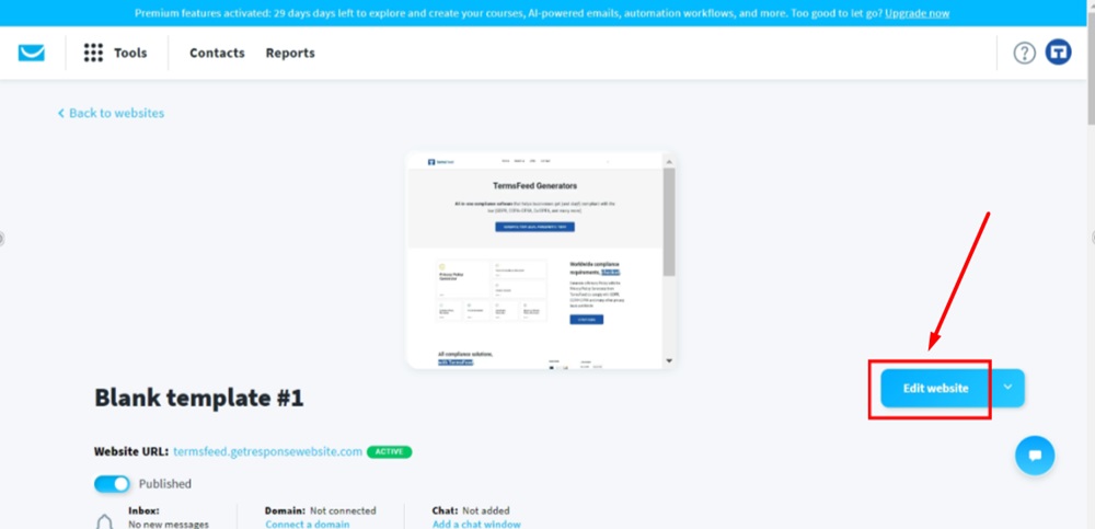 TermsFeed GetResponse - Website opened - Edit website