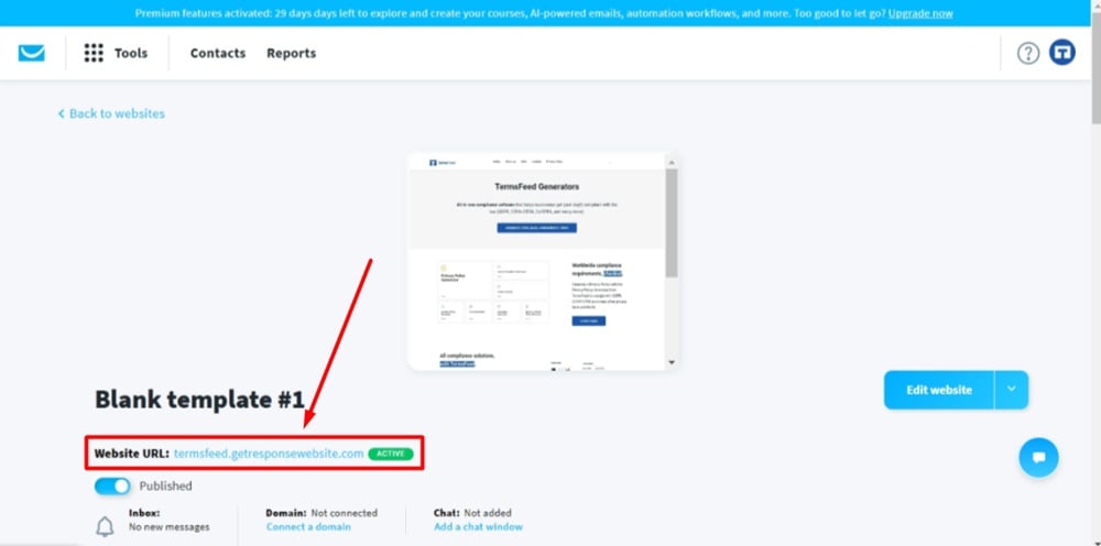 TermsFeed GetResponse - Website - URL active