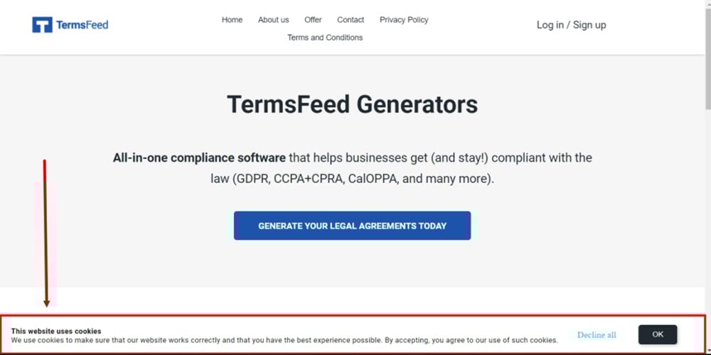 TermsFeed GetResponse - Website - URL active - Published - Enabled Cookie consent banner displayed