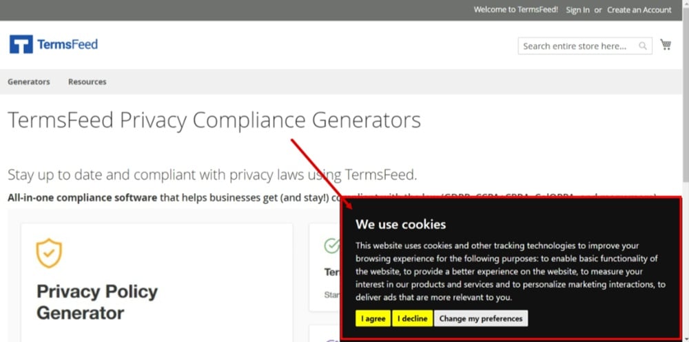 TermsFeed Magento 2l - Website preview - The Free Cookie Consent Notice Banner displayed