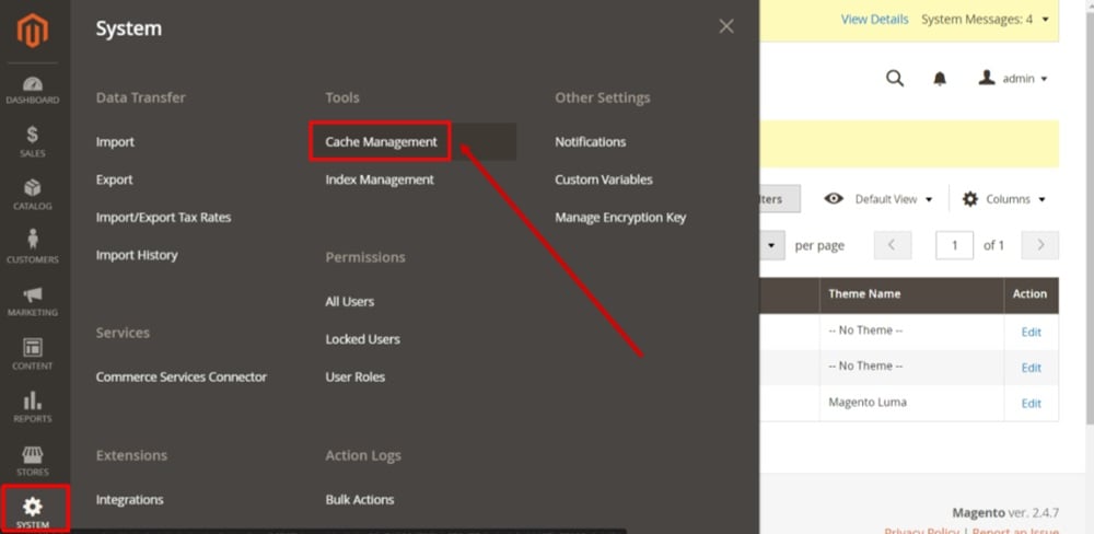 TermsFeed Magento 2 - Design Configuration - Default Store View - Footer edited - System - Cache Management