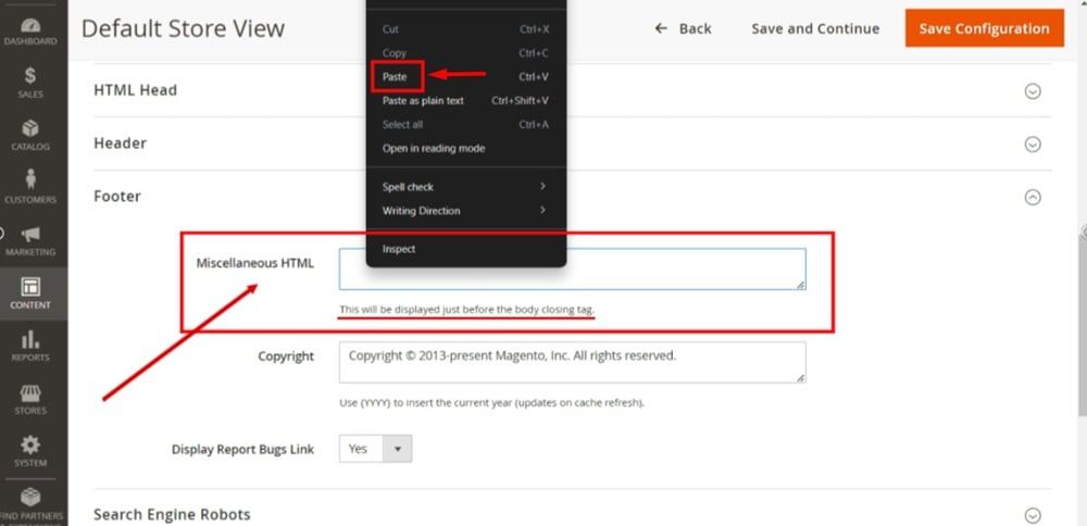 TermsFeed Magento 2 - Design Configuration - Default Store View - Edit - Footer - Miscellaneous HTML - Paste