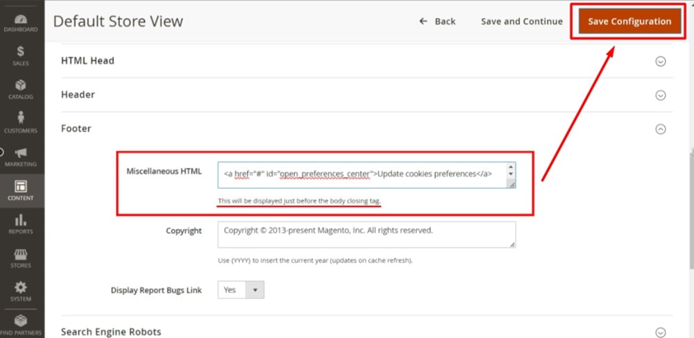 TermsFeed Magento 2 - Design Configuration - Default Store View - Edit - Footer - Miscellaneous HTML - Pasted - Save Configuration