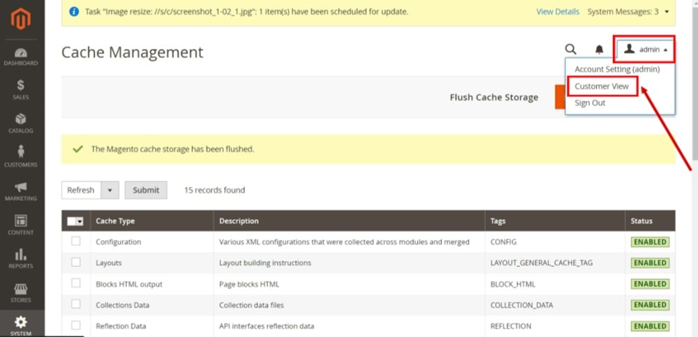 TermsFeed Magento 2 - System - Cache Management - Refresh - Flush Magento Cache - Admin - Customer View