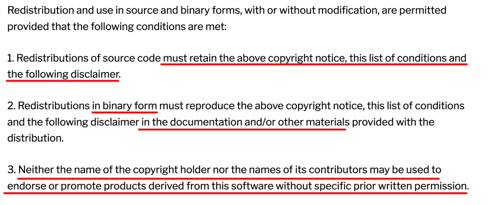 3 Clause BSD License Redistributions clause