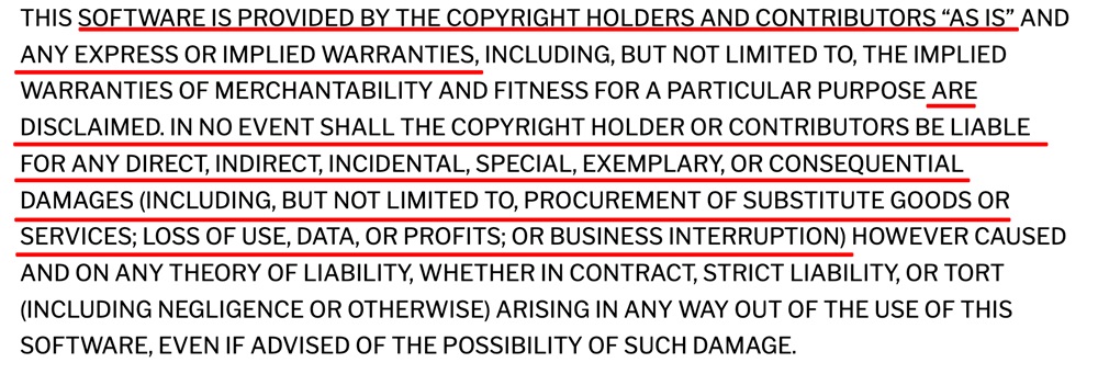3 Clause BSD License Warranty and liability clause