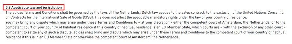 Adidas UK Terms and Conditions: Applicable law and jurisdiction clause
