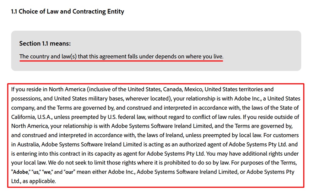 Adobe General Terms of Use: Choice of Law and Contracting Entity clause