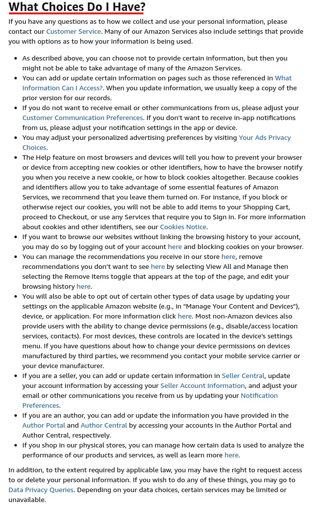 Amazon Privacy Notice: Choices clause