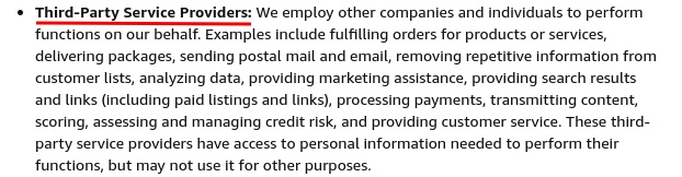 Amazon Privacy Notice: Third party service providers clause