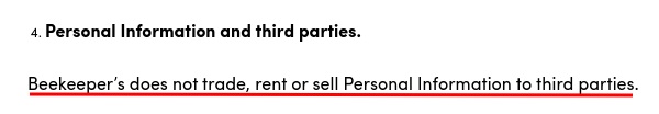 Beekeepers Naturals Privacy Policy: Personal information and third parties clause excerpt