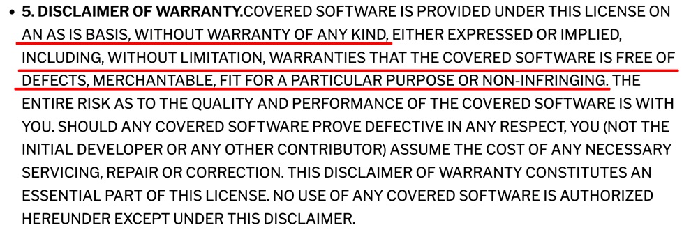 Common Development Distribution License Disclaimer of Warranty clause