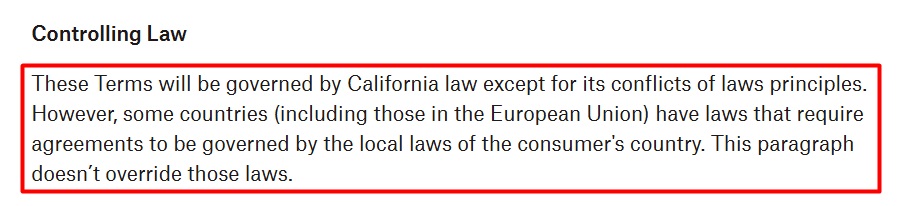 Dropbox Terms of Service: Controlling Law clause