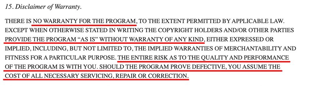 GNU GPL License Disclaimer of Warranty clause