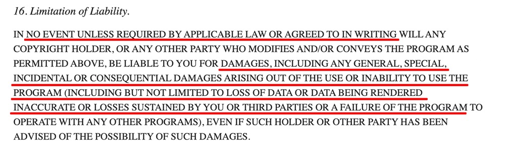 GNU GPL License Limitation of Liability clause