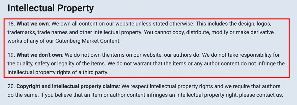 Gutenberg Market Terms and Conditions: Intellectual property clause