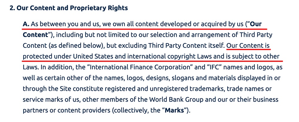 IFC Terms and Conditions: Content and proprietary rights clause