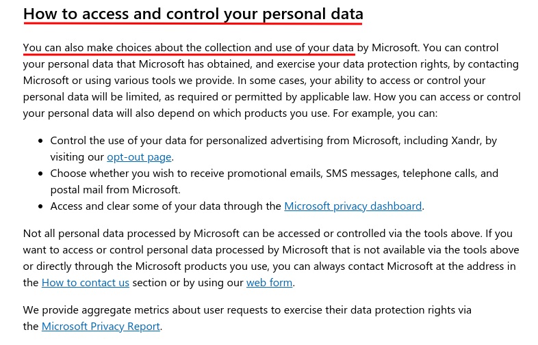 Microsoft Privacy Statement: How to access and control your personal data clause