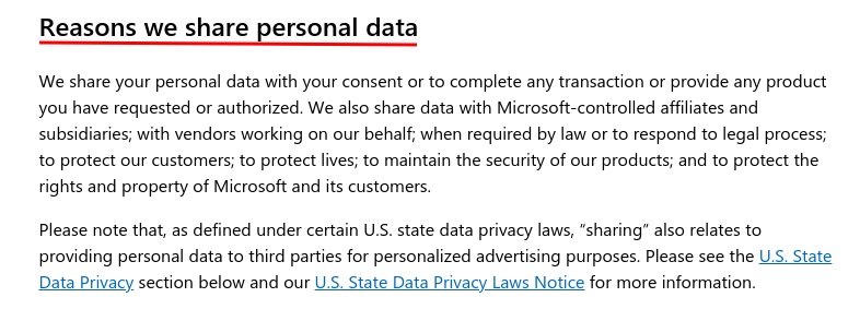 Microsoft Privacy Statement: Reasons we share personal data clause
