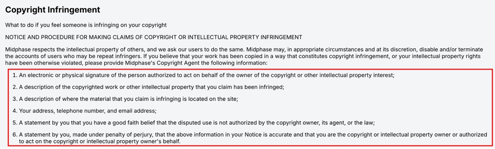 Midphase Terms: Copyright Infringement clause