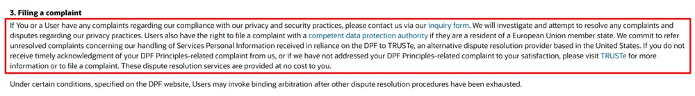 Oracle Privacy Policy: Filing a complaint clause