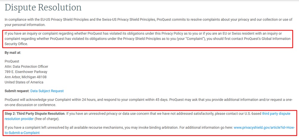 ProQuest Privacy Policy: Dispute Resolution clause