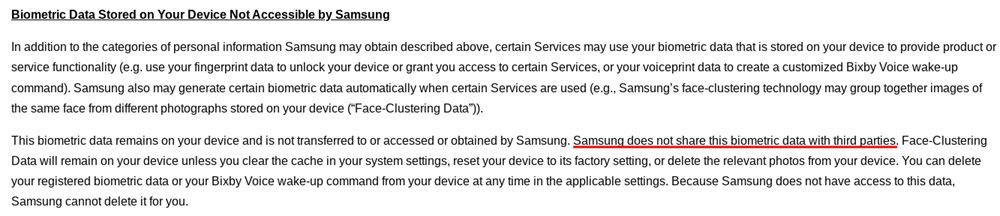 Samsung Privacy Policy: Biometric data clause