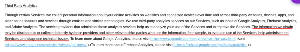 Samsung Privacy Policy: Third party analytics clause