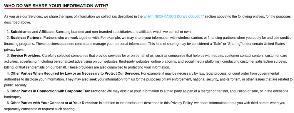 Samsung Privacy Policy: Who do we share your information with clause