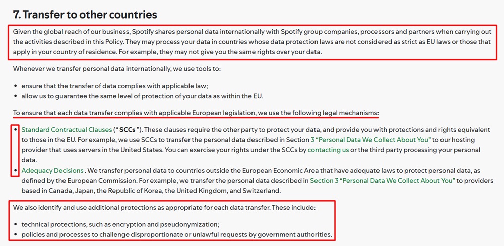 Spotify France Privacy Policy: Transfer to other countries clause