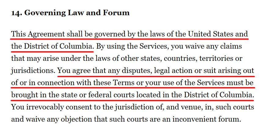 The Washington Post Terms of Service: Governing Law and Forum clause