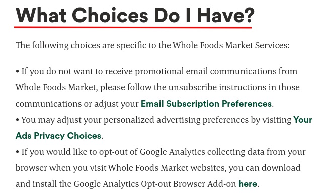 Whole Foods Privacy Notice: What choices do I have clause