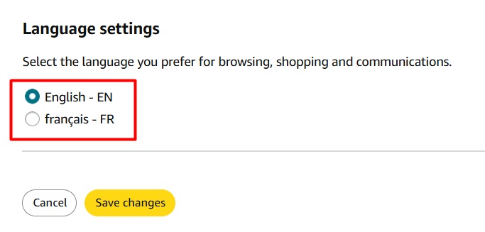 Amazon Language settings options screenshot