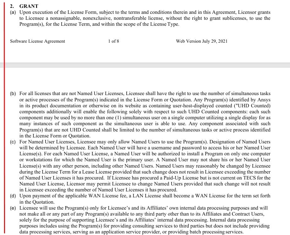 Ansys Software License Agreement: Grant clause