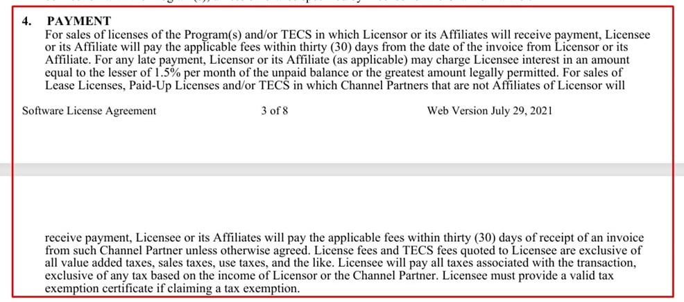 Ansys Software License Agreement: Payment clause