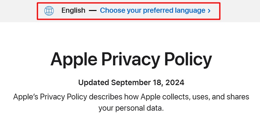 Apple Privacy Policy intro section: Choose your preferred language section highlighted