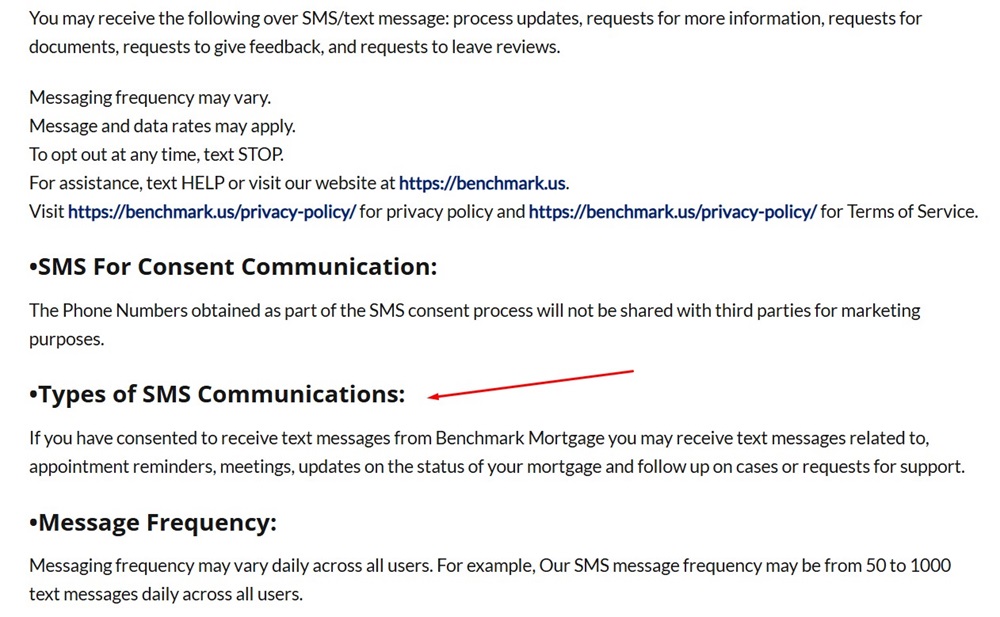 Benchmark Privacy Policy: SMS clause