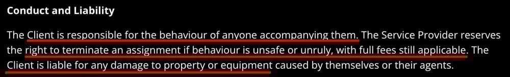 Brandon Barnard Photography Terms and Conditions: Conduct and liability clause